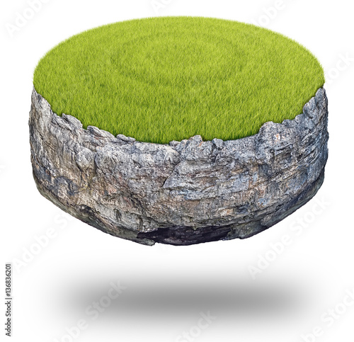 Abstract round rock island covered with green grass isolated on