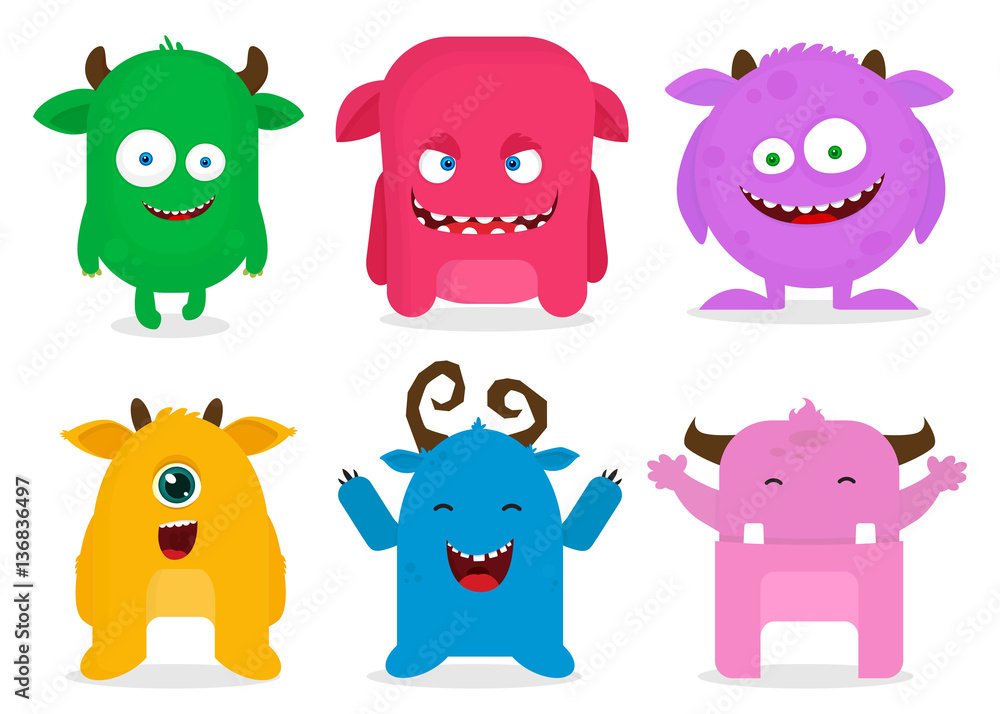 Cute monsters set, cartoon animation. Vector illustration, flat design. Cute monsters set, cartoon animation. Vector illustration, flat design.