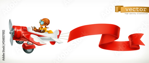 Funny airplane with red banner, 3d vector cartoon isolated on white background