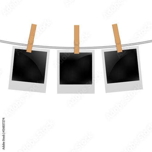 Set of photo frames on the rope with clothespin. Photo frames set on white