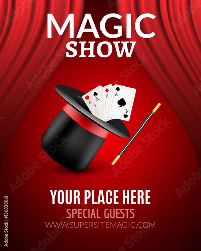 Magic Show poster design template. Magic show flyer design with magic hat and curtains