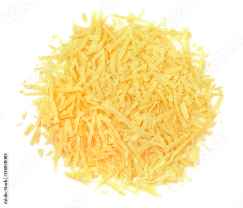 Heap of grated cheese isolated on a white background, close up,