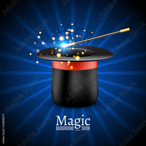 Magic Hat with Magic wand. Vector Magician perfomance. Wizzard show background