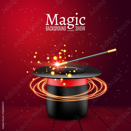 Magic Hat with Magic wand. Vector Magician perfomance. Wizzard show background
