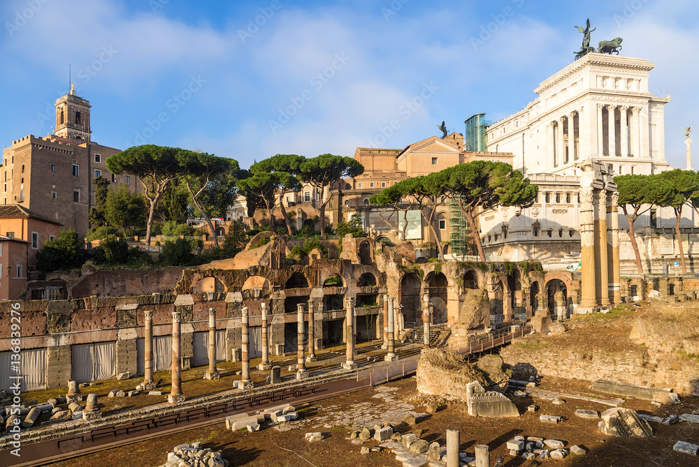 Rome. Italy. The ruins of Caesar's Forum (54 -. 46 BC) and Vittoriano monument