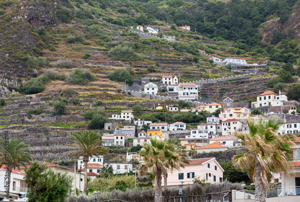 Fields and houses along west coast near Porto Moniz on Madeira Island. Portugal