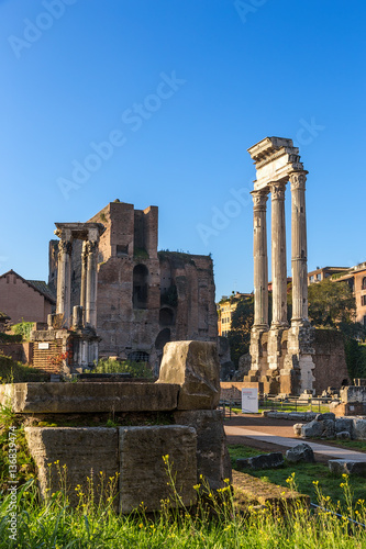 Rome. Italy. Roman Forum: "Three Sisters" - the ruins of the portico of of the Temple of Castor and Pollux, 484 BC