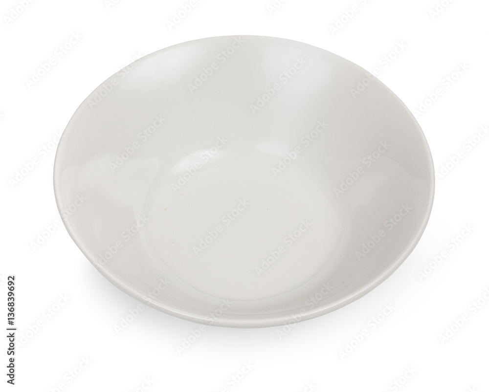 Ceramic white plate isolated on a white background, close-up, to