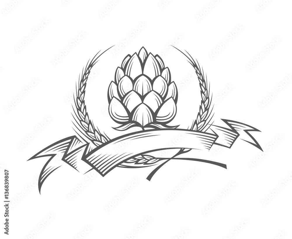 black illustration of hop and barley ear for brewing black illustration of hop and barley ear for brewing