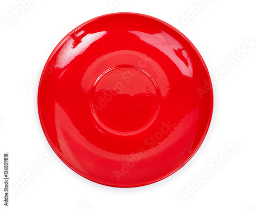 Red saucer isolated on a white.Top view.