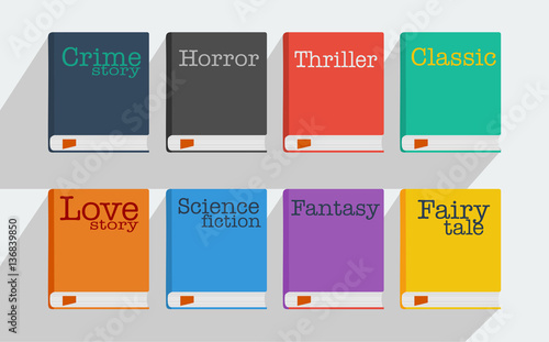 Set of fiction genre icons romance, fairytale, detective, adventure, science fiction, horror.