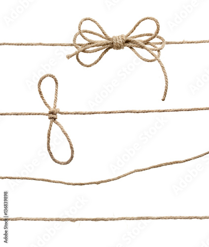 Rope with knot, with knot and bowknot, isolated on white.