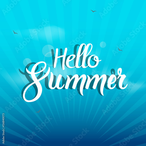 Hello Summer lettering tpography design template with light rays photo