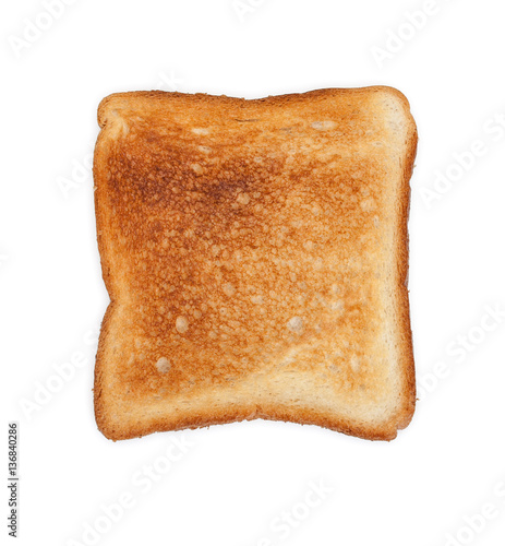 Strong roasted slice of toast bread isolated on white top view
