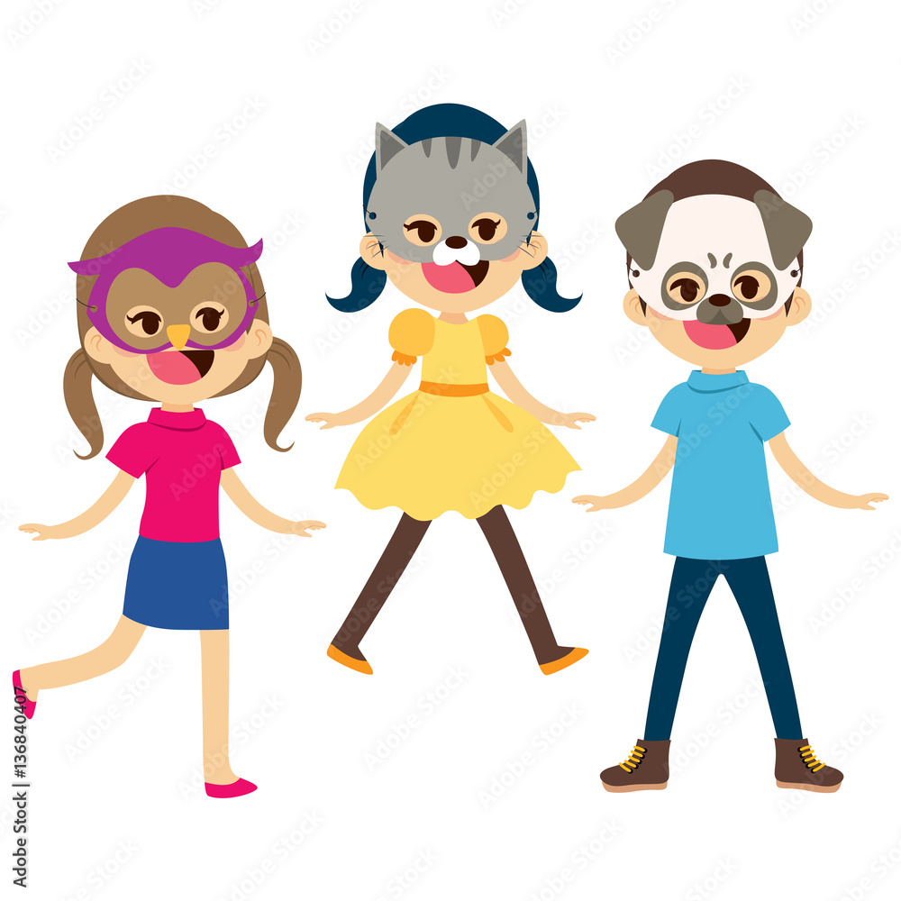 Three cute happy children wearing animal masks Three cute happy children wearing animal masks