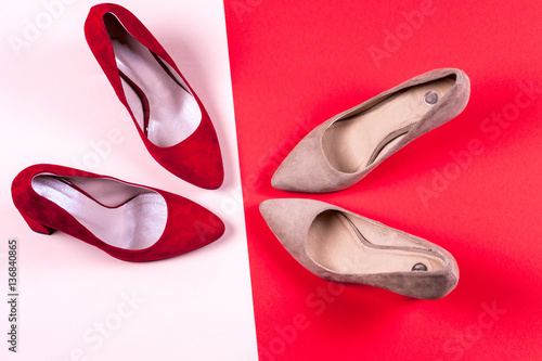 Red and pastel female high-heeled shoes