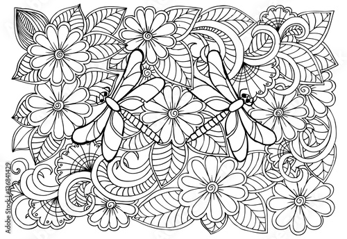 Black and white flowers and dragonflies pattern for adult colori