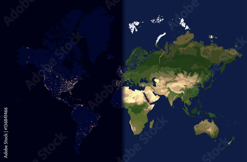 Day in the east, Night in the West, World map vector illustration