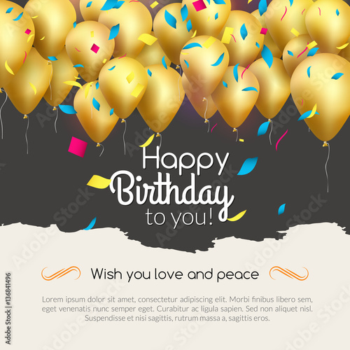 Photography Vector happy birthday card with golden balloons and confetti, party invitation