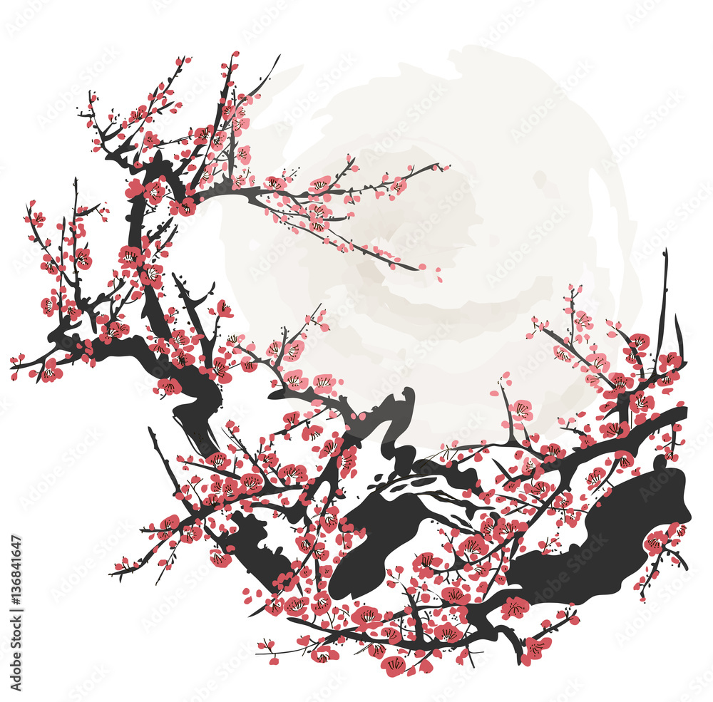 Naklejka premium Realistic sakura blossom - Japanese cherry tree isolated on white background