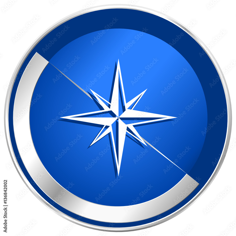 Compass blue vector web icon. Metal shine silver chrome border round button isolated on white background. Circle modern design abstract sign for smartphone applications. Compass blue vector web icon. Metal shine silver chrome border round button isolated on white background. Circle modern design abstract sign for smartphone applications.