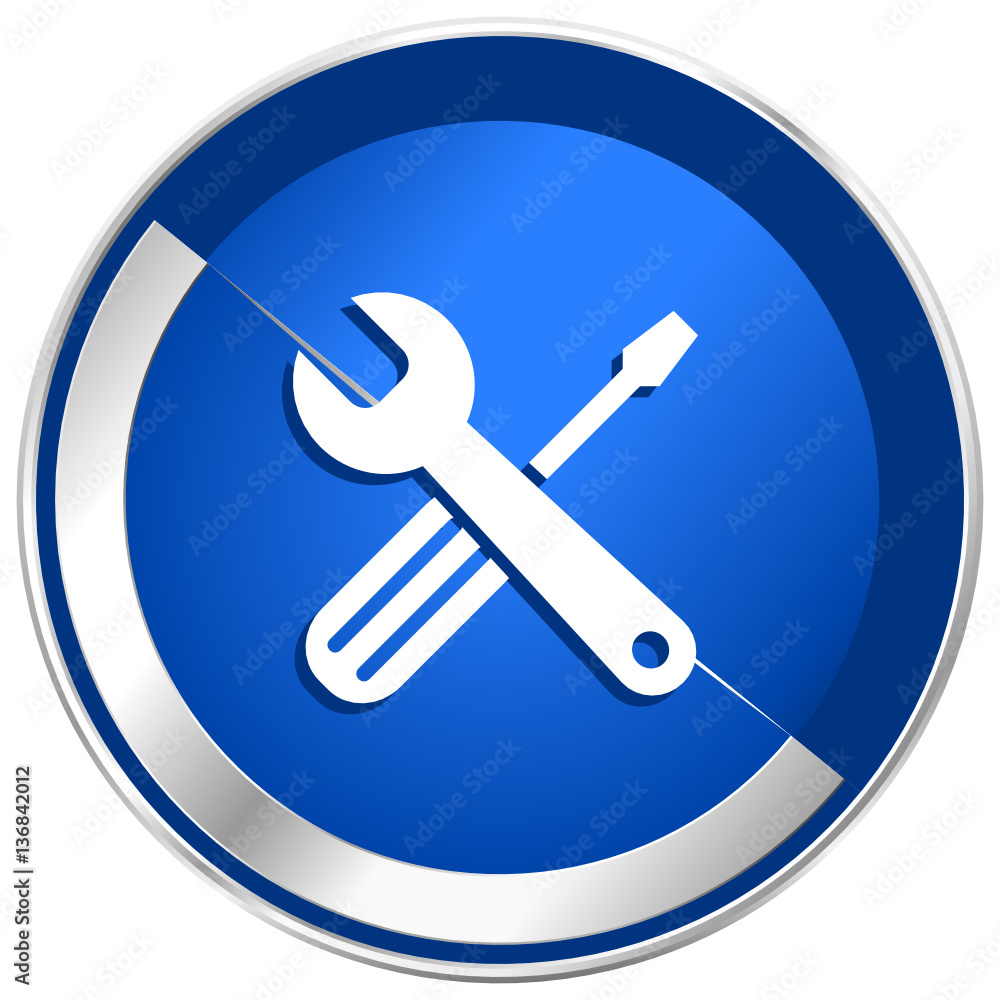 Tools blue vector web icon. Metal shine silver chrome border round button isolated on white background. Circle modern design abstract sign for smartphone applications. Tools blue vector web icon. Metal shine silver chrome border round button isolated on white background. Circle modern design abstract sign for smartphone applications.