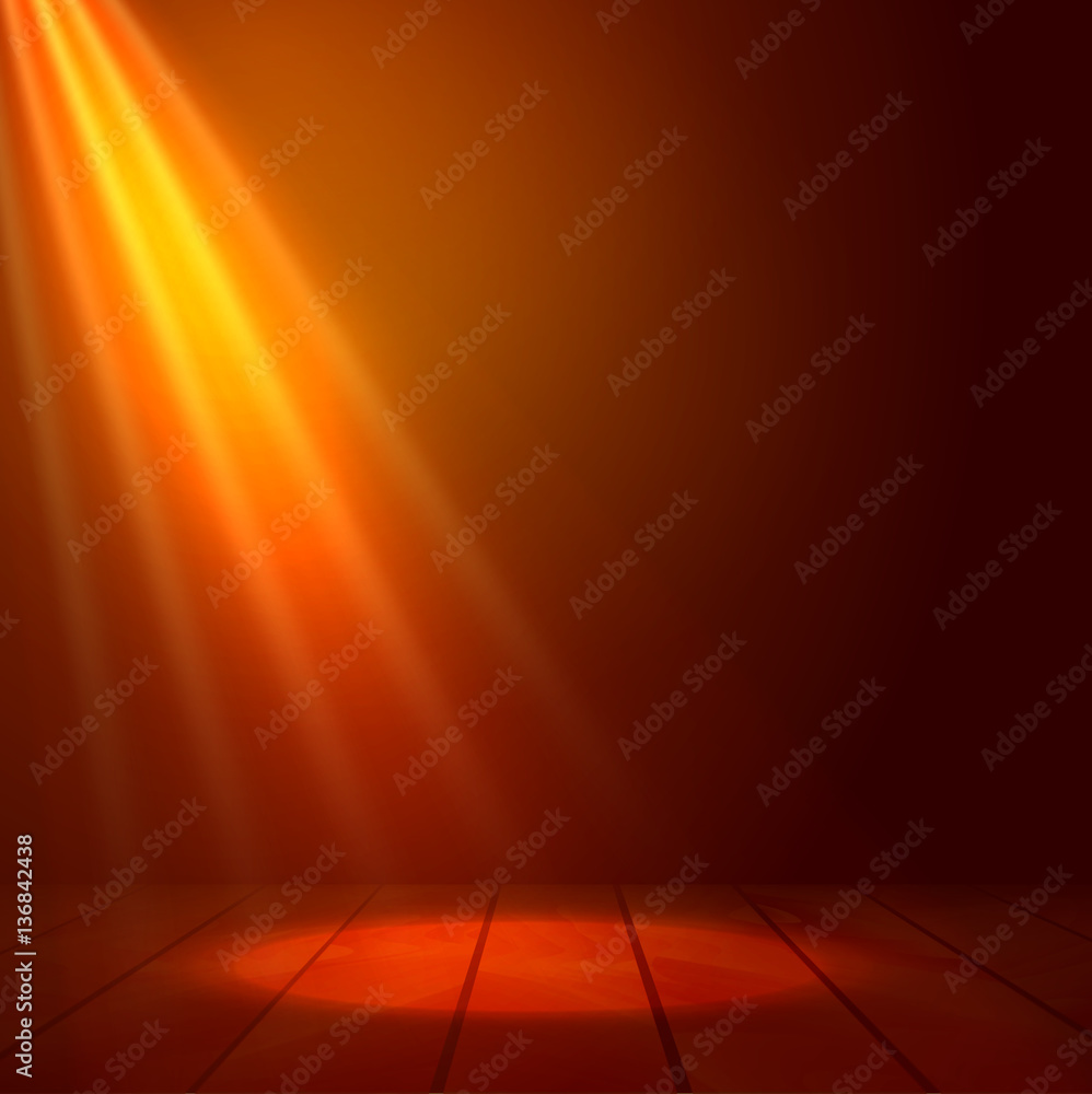 Floodlight spotlight illuminates wooden scene. Flash light on stage. Presenatation or performance background vector illustration.