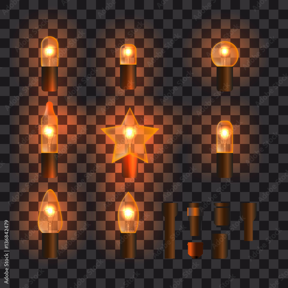 Set of orange shining garland lights with holders isolated on transparent background. Christmas, New Year party decoration realistic design elements. Glowing lights for Xmas. Holiday greeting design. Set of orange shining garland lights with holders isolated on transparent background. Christmas, New Year party decoration realistic design elements. Glowing lights for Xmas. Holiday greeting design.
