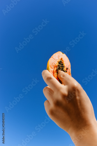 Hands holding tasty papaya fruit, close up image. Healthy lifestyle