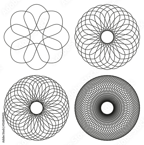 Collection of 4 black line spirograph abstract elements - 4 different geometric ornaments flower like, symmetry, isolated on white