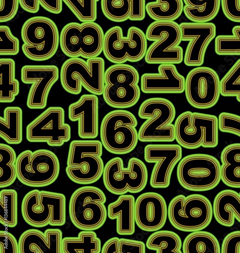 Neon number in green on black background. Seamless vector tile, bold font cipher.