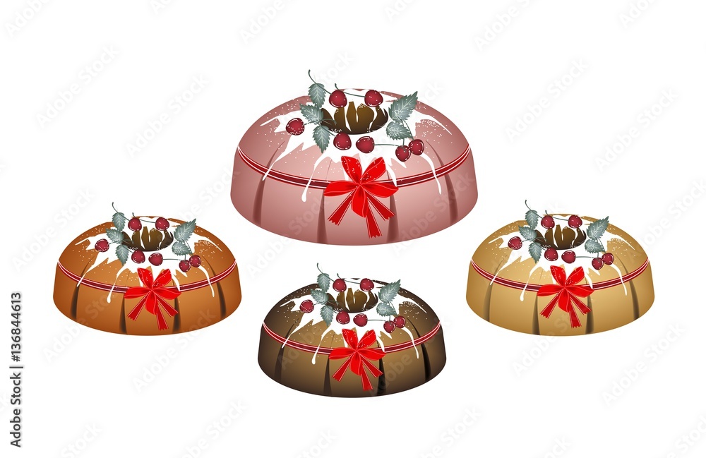 Obraz premium Four Bundt Cake Topped with Sugar Glaze and Cherries