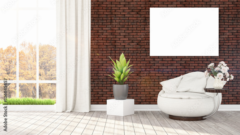 Modern bright interior with empty frame . 3D rendering Modern bright interior with empty frame . 3D rendering