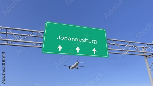 Twin engine commercial airplane arriving to Johannesburg airport. Travelling to South Africa conceptual 4K animation photo