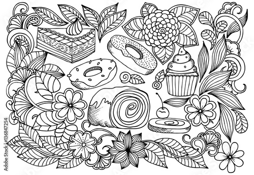 Doodle drawing of sweets and flowers. Vector image of a very tas