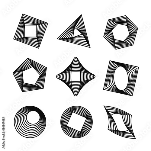 Vector icons set with simple geometric shapes transformations. Spirograph style decorative design elements isolated on white background