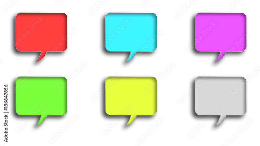 six 3D square dialogue clouds in different colors on a white background six 3D square dialogue clouds in different colors on a white background