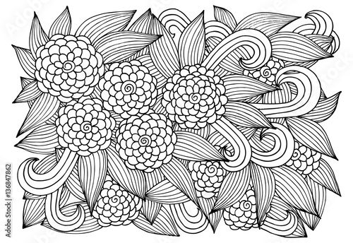 Doodle floral pattern in black and white. Page for coloring book