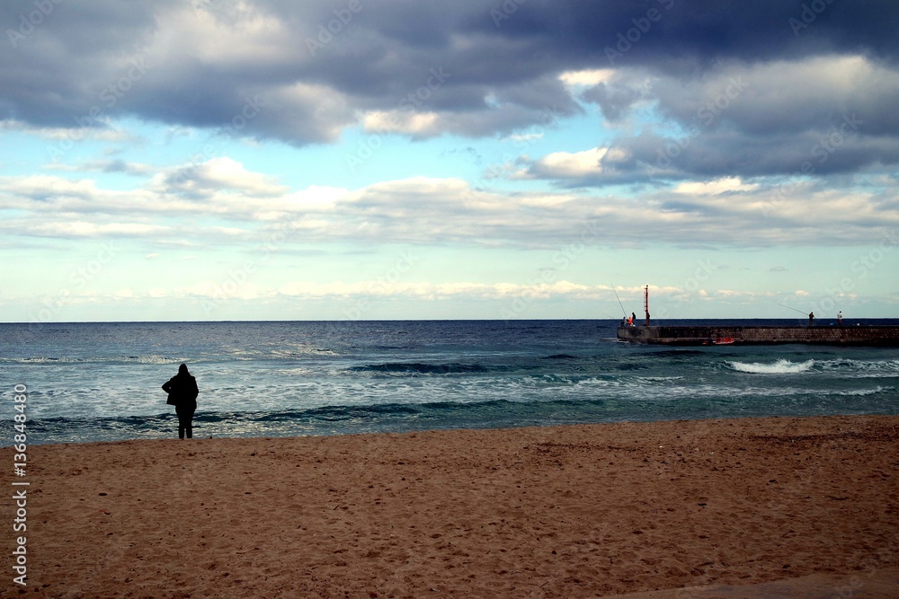 alone girl watching at the sea in a winter day