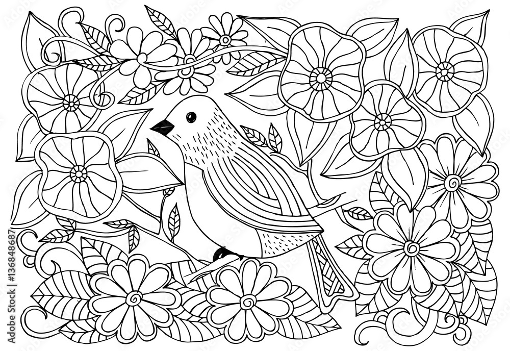 Fototapeta premium Bird and flowers. Doodle black and white drawing