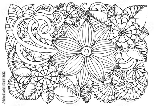 Doodle floral pattern in black and white. Page for coloring book