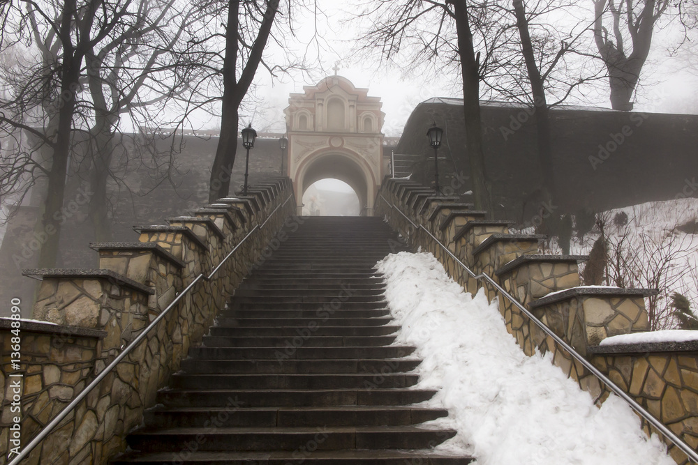 Stone stairs leading to the Basilica of St. Anne on Mount St. An Stone stairs leading to the Basilica of St. Anne on Mount St. An