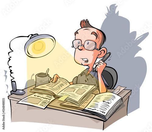 Boy studying the books. Cartoon vector illustration on separated layers.