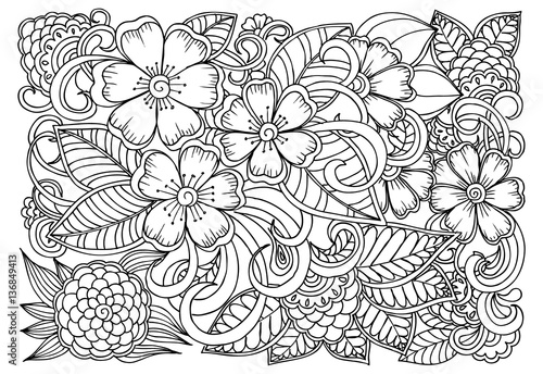 Doodle floral pattern in black and white. Page for coloring book