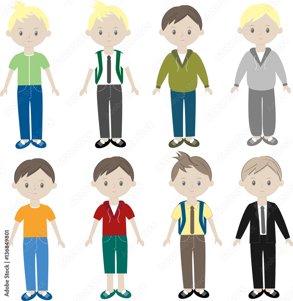 Vector icons of small children in colorful clothes