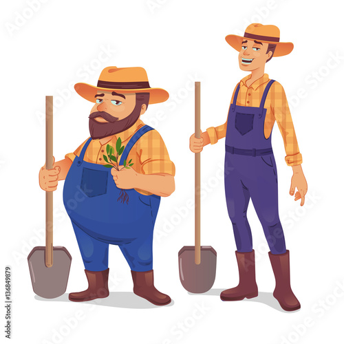 Vector illustration of team farmers with shovels.
