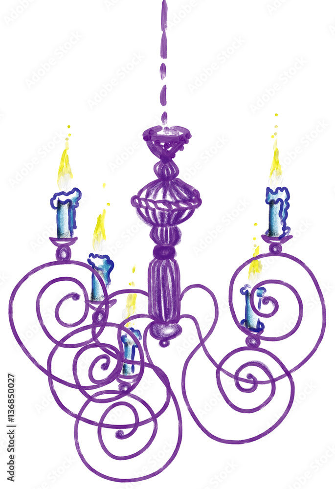 Fototapeta premium Hand drawn purple chandelier, isolated illustration painted by butter