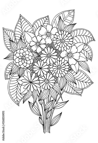 Fototapeta Naklejka Na Ścianę i Meble -  Doodle floral pattern in black and white. Page for coloring book