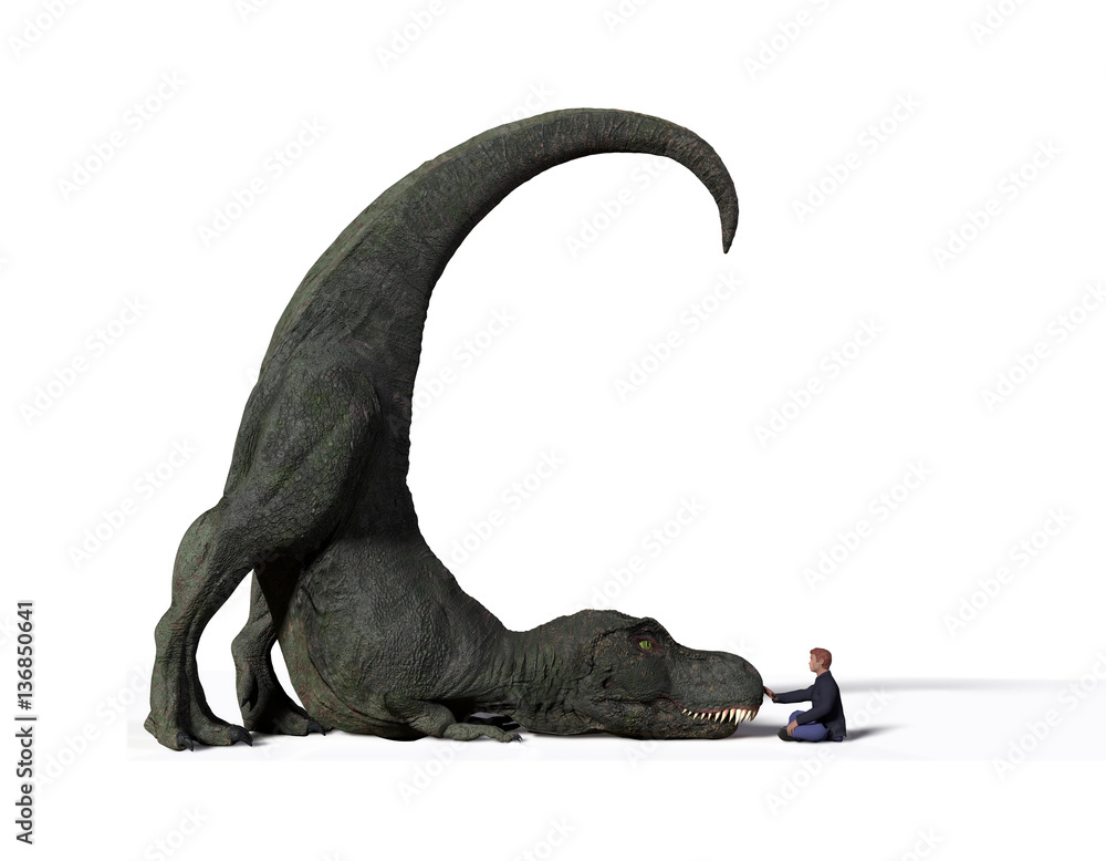 Fototapeta premium comparison of the size of an adult Tyrannosaurus rex dinosaur from the Jurassic period and a 1,8m human (Homo sapiens), 3d illustration
