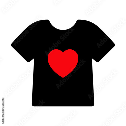 Icono plano camiseta negra con corazon rojo en fondo blanco